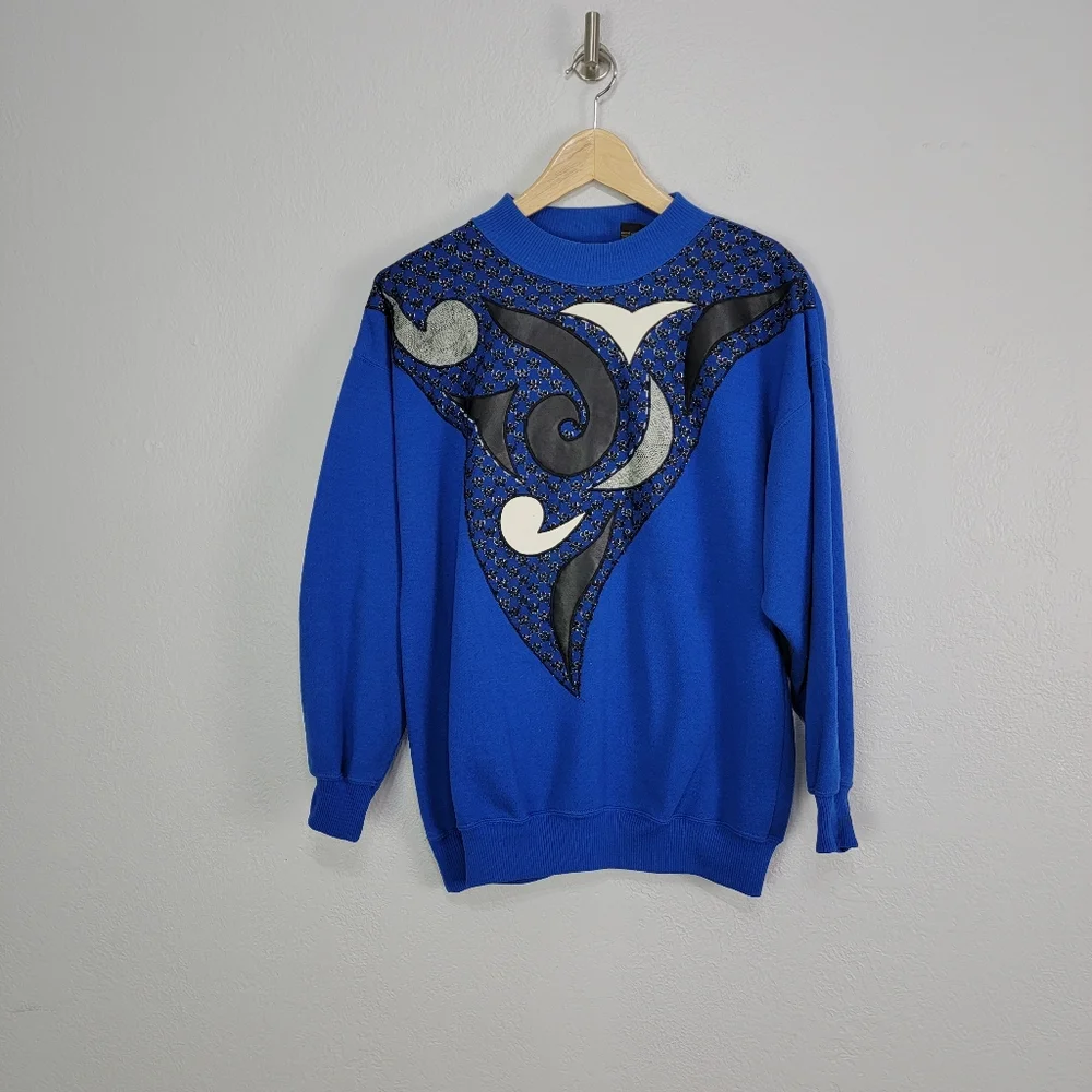 Vintage 80s Extravagannza Mock Neck Abstract Royal Blue Sweatshirt Size Large - Picture 16 of 17